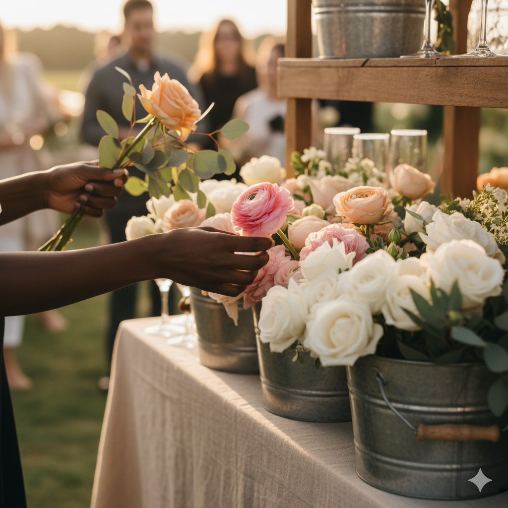 People gathering outdoors at a wedding or event, with focus on a table decorated with buckets of pink and white flowers, as a person arranges flowers in a bucket with other guests in the background.