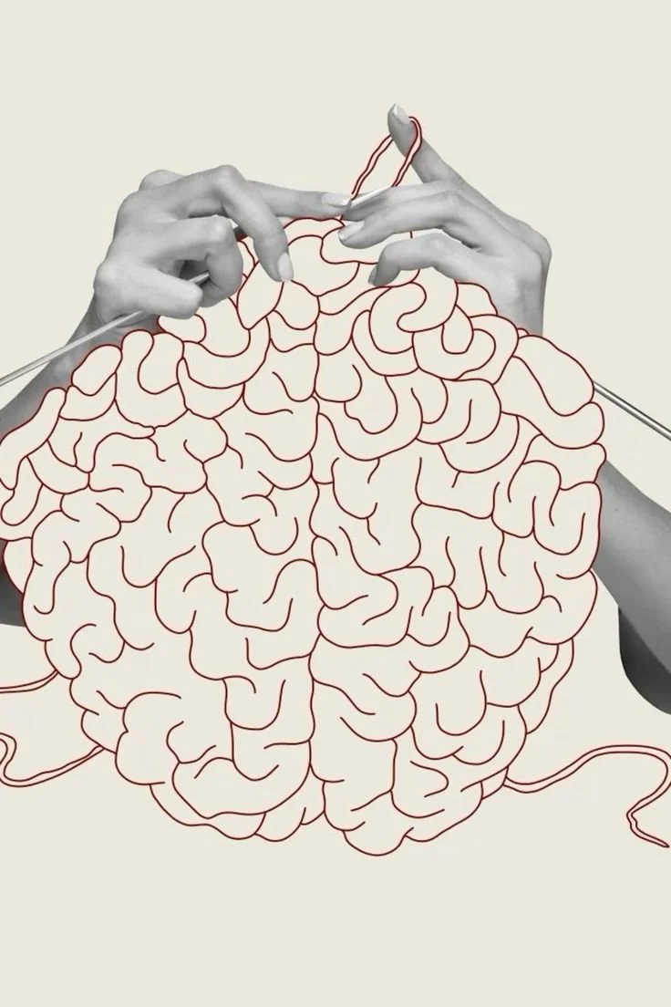 A drawing combining a brain illustration with hands knitting, using red thread.