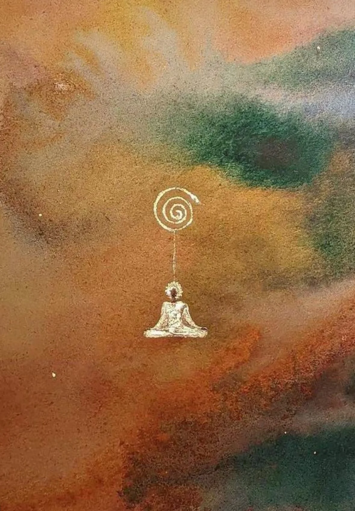 A painting of a meditating figure with a spiral above its head, set against a colorful, abstract background of warm and cool tones.