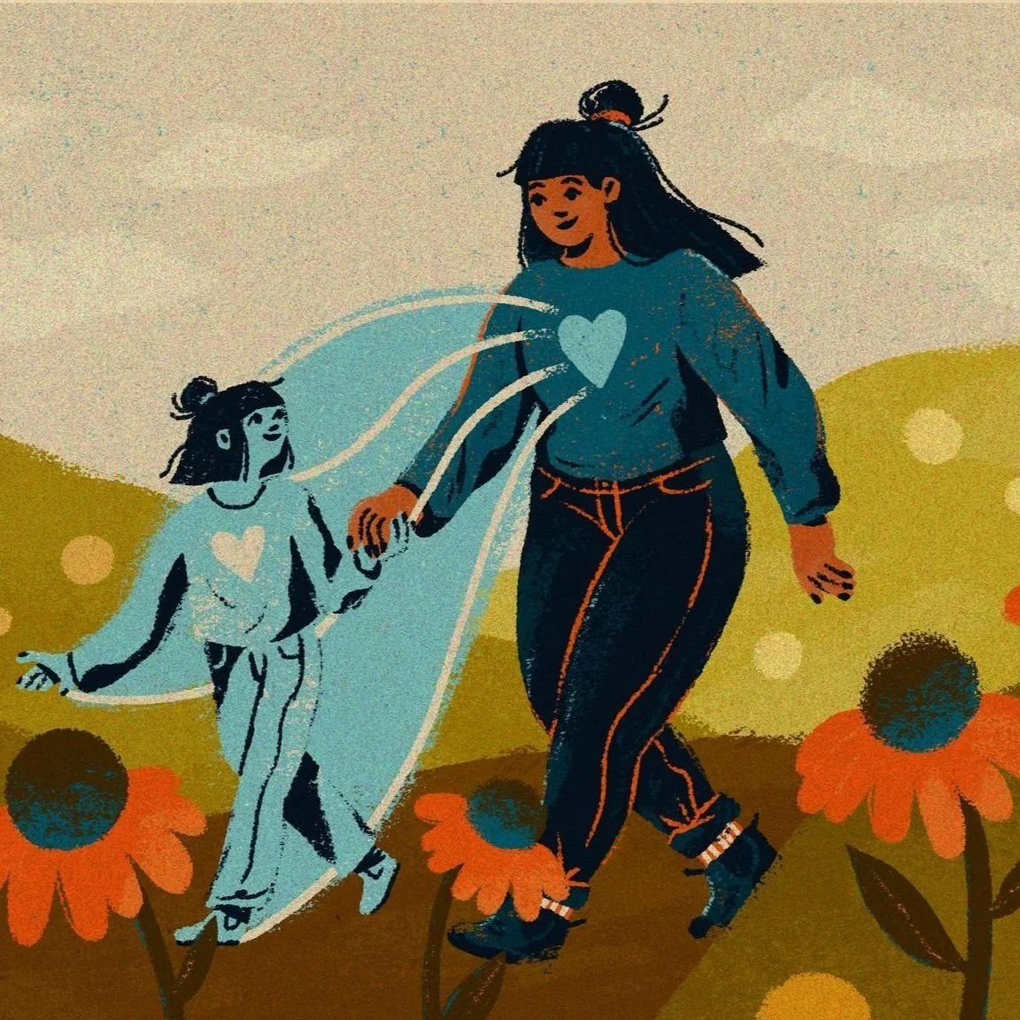 Illustration of a woman and a girl walking hand in hand through a field of flowers, both wearing matching shirts with a heart symbol.