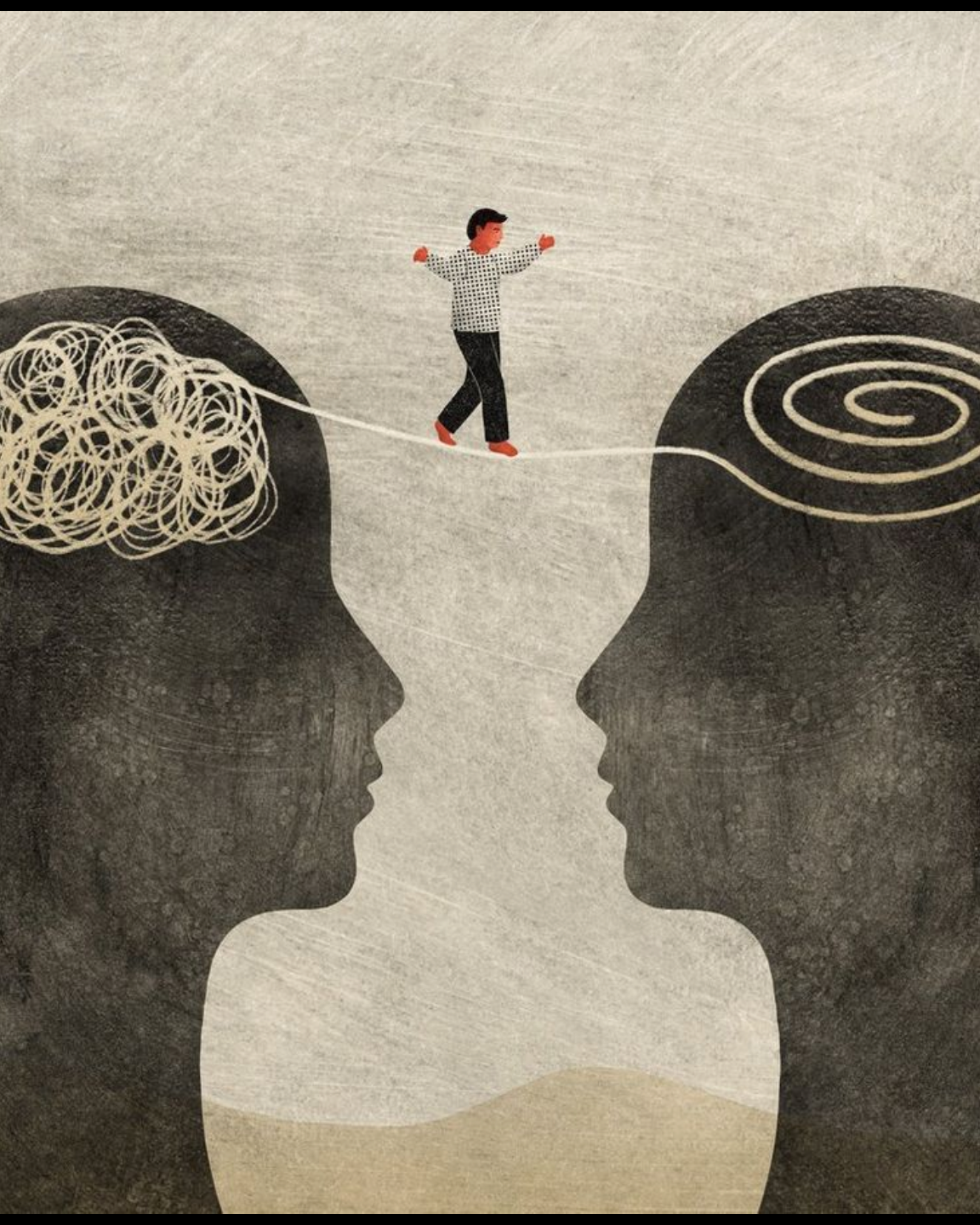 A person walking a tightrope between two large women's heads with different brain clouds, symbolizing balancing thoughts or emotions.