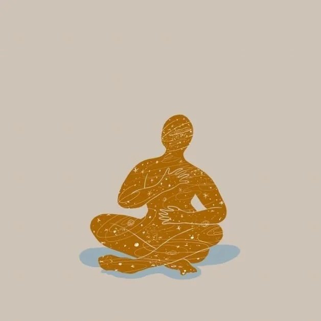 A stylized illustration of a person sitting cross-legged with a cosmic pattern inside. The background is light beige.