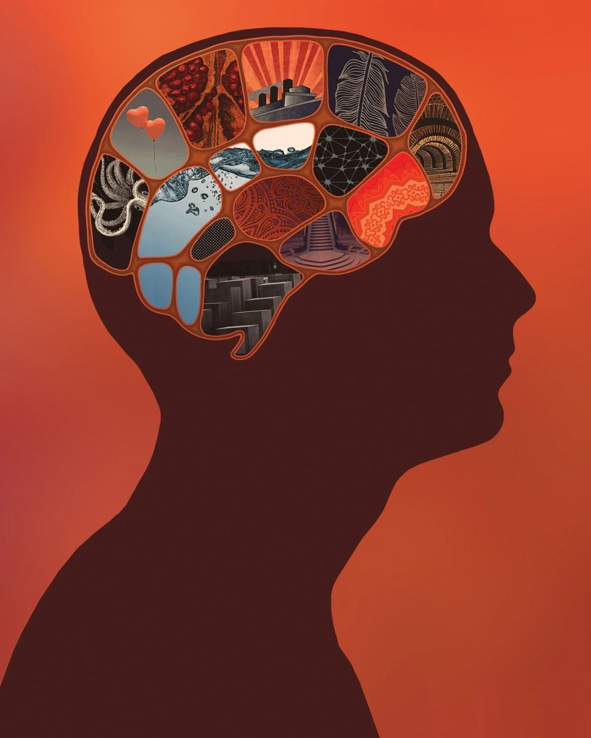 Silhouette of a person's head in profile with a brain illustrated as a puzzle with various images including the ocean, mountains, animals, nature, and abstract designs inside.