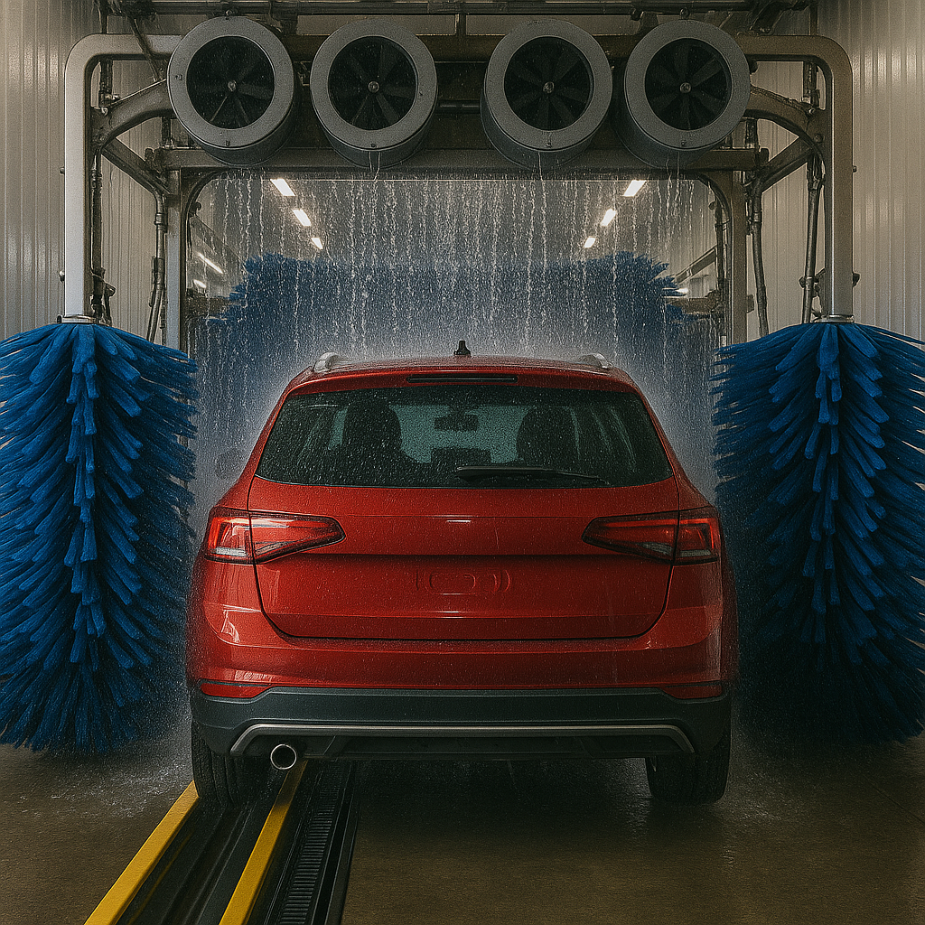 A red SUV being washed in an automated car wash facility with rotating brushes and water spray.