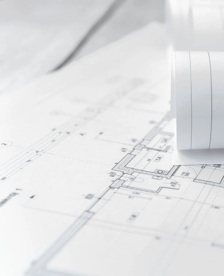Architectural design unrolled on table
