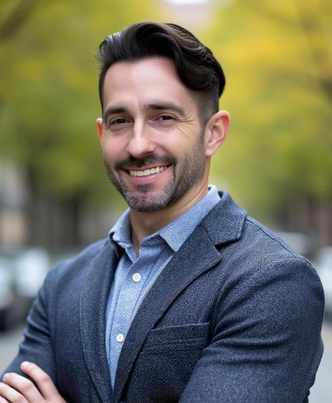 A smiling man with dark hair and a beard, wearing a blue shirt and a dark blazer, standing outdoors with blurred green trees in the background.