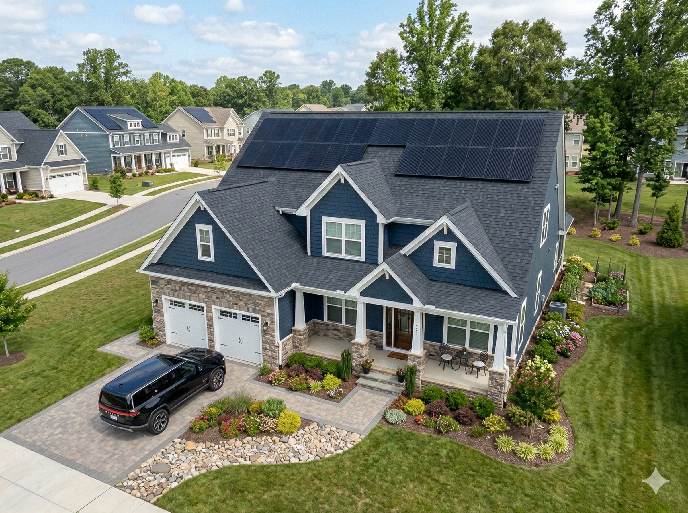 A modern suburban house with a blue exterior, stone accents, and solar panels on the roof. It has a well-maintained front yard with colorful flowers, a paved driveway, and a black SUV parked outside. The neighborhood features other houses with similar designs and greenery.