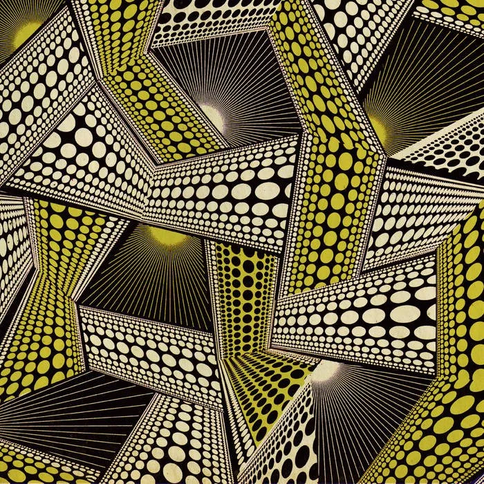 Abstract optical illusion artwork with black, white, and yellow dotted geometric patterns creating a 3D cube illusion.