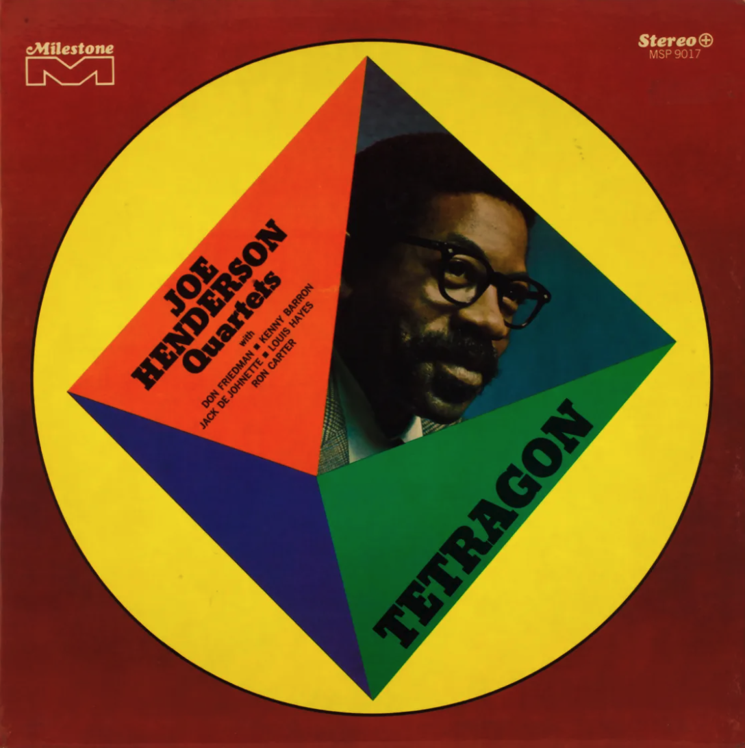 Album cover featuring a colorful geometric design with a partially visible photo of Joe Henderson's face, titled "Joe Henderson Quarters" with the subtitle "Trattagon". The background is red with yellow, orange, green, and blue shapes.