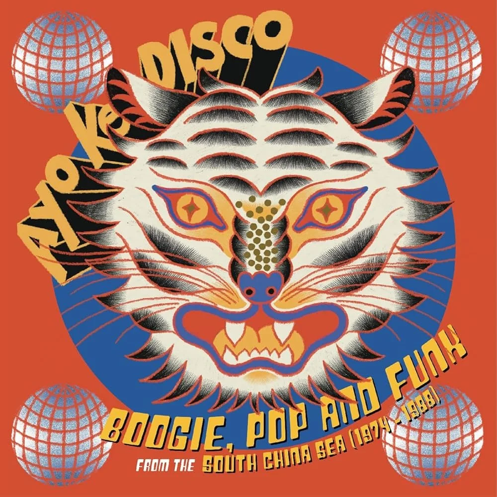 Album cover featuring a stylized Chinese dragon face with the text 'Yokohama Disco' and names of artists, from the South China Sea, dated 1974-1980. Background is orange with four globe images.