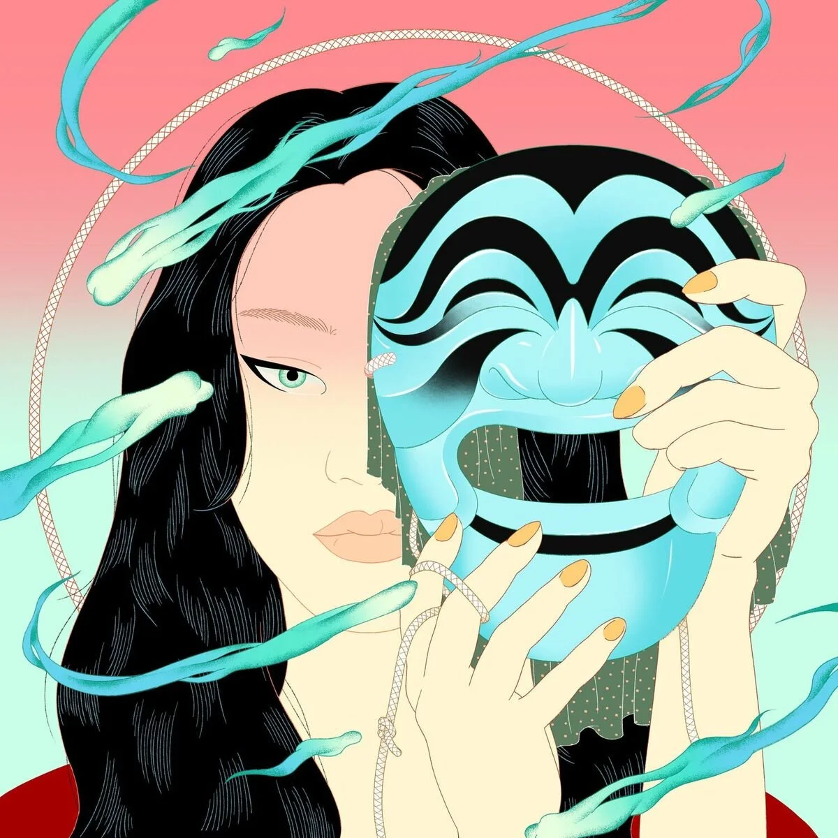 A woman with long black hair holding a traditional Japanese mask with a smiling face, while teal and white wave-like wisps surround her. The background has a pink-to-green gradient.