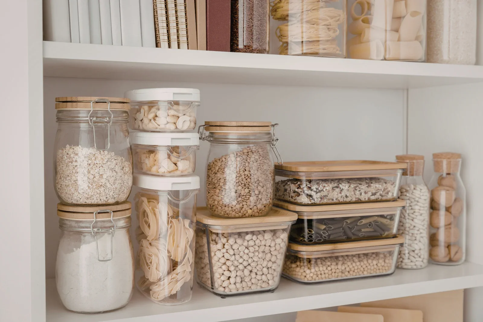 Pantry shelf with glass jars and plastic containers filled with pasta, rice, grains, and dry foods, all with wooden or plastic lids.