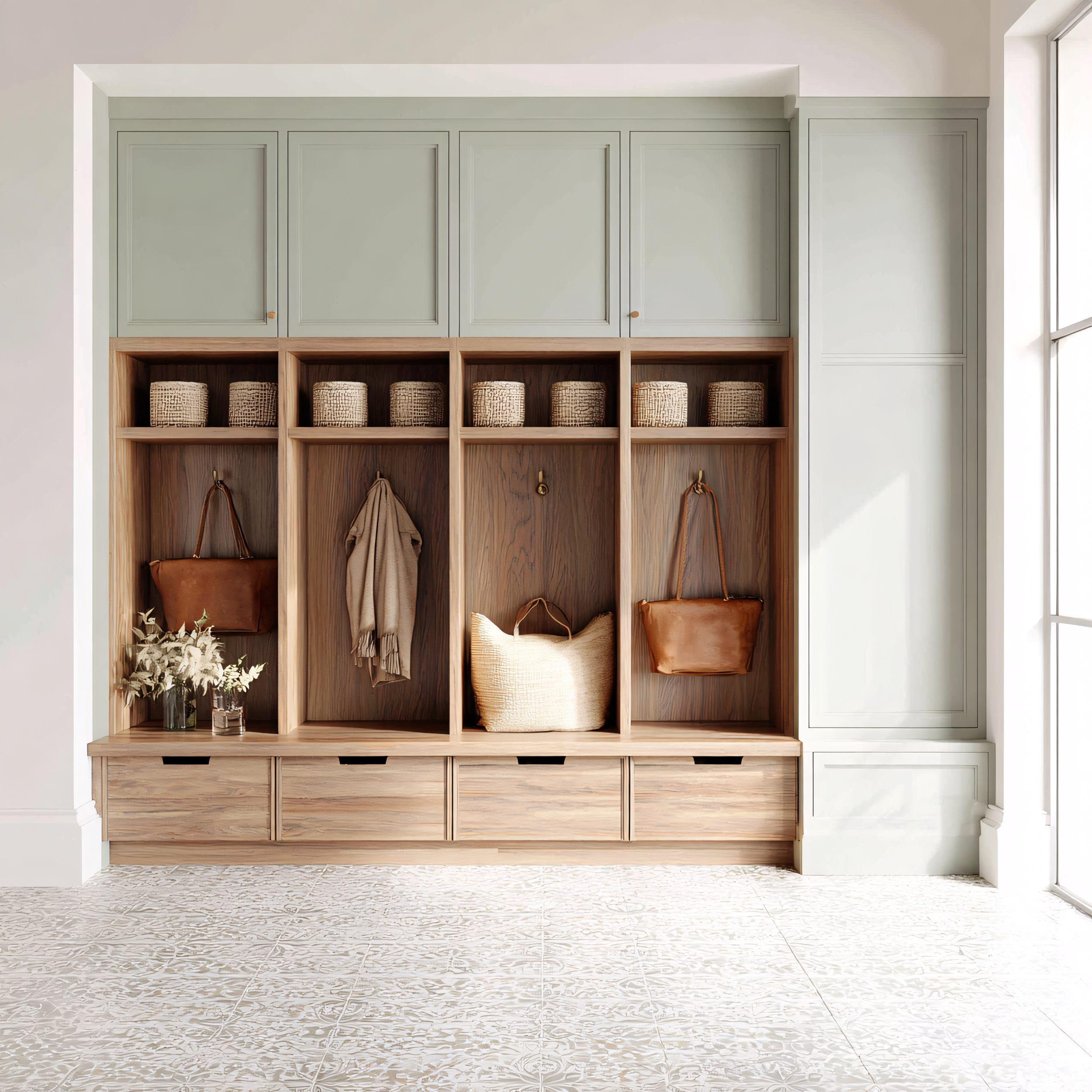 Cozy entryway with built-in wooden cubbies, baskets, handbags, a scarf, a pillow, and decorative plants, next to a large window.