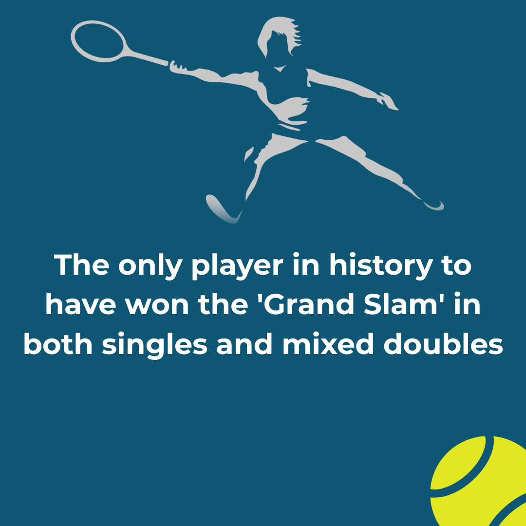 Silhouette of a female tennis player hitting a ball, with a tennis ball in the lower right corner and text about a tennis record.