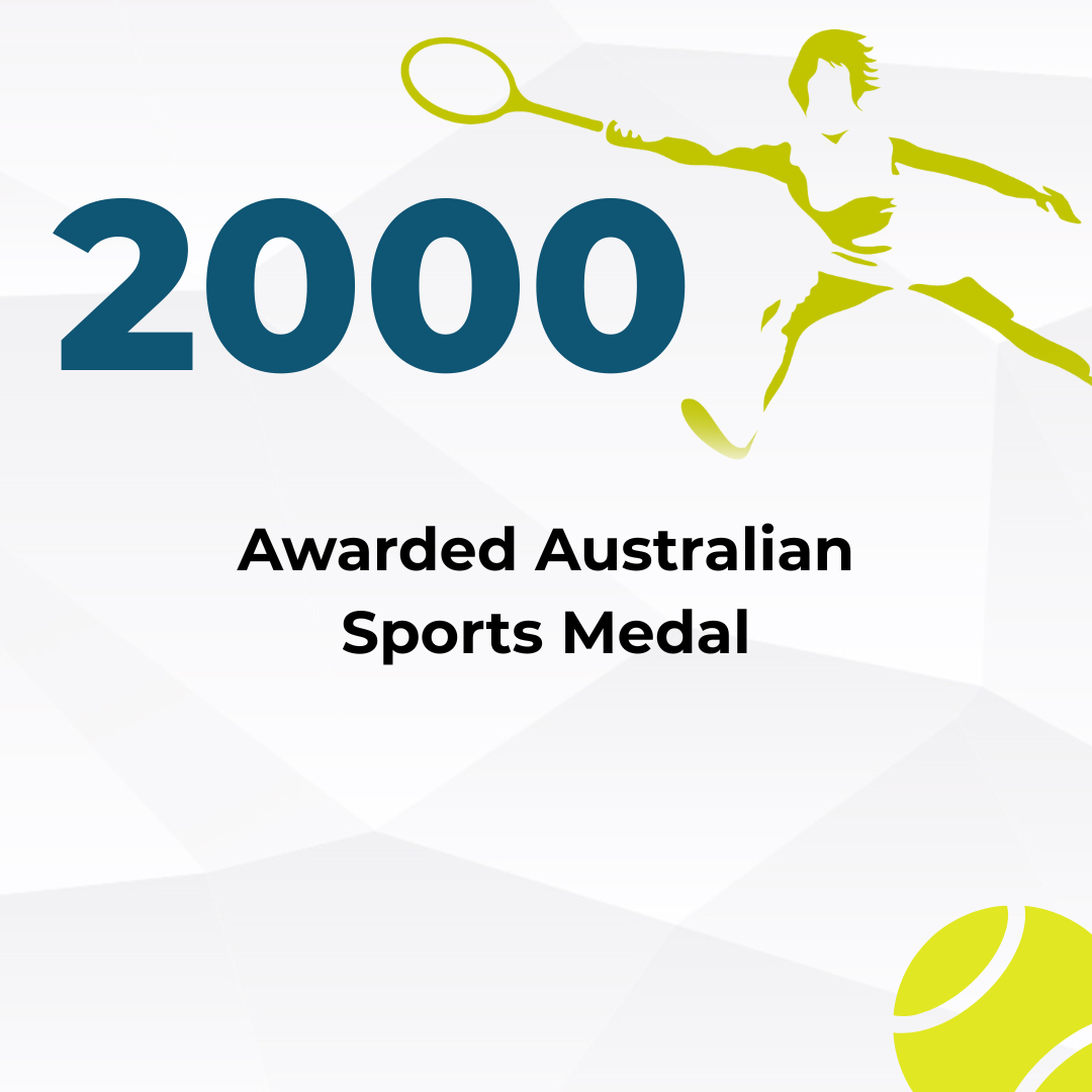 Graphic celebrating 2000 Australian sports medals awarded, featuring a stylized athlete holding a tennis racket and a tennis ball.