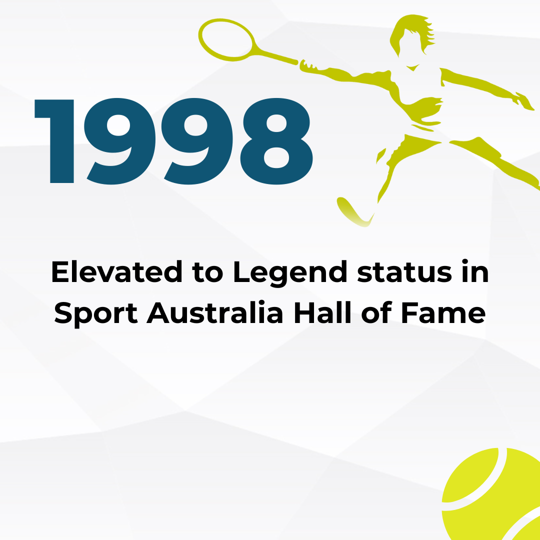 Graphics with a tennis player silhouette, tennis ball, and large text '1998', celebrating elevation to Legend status in Sport Australia Hall of Fame.