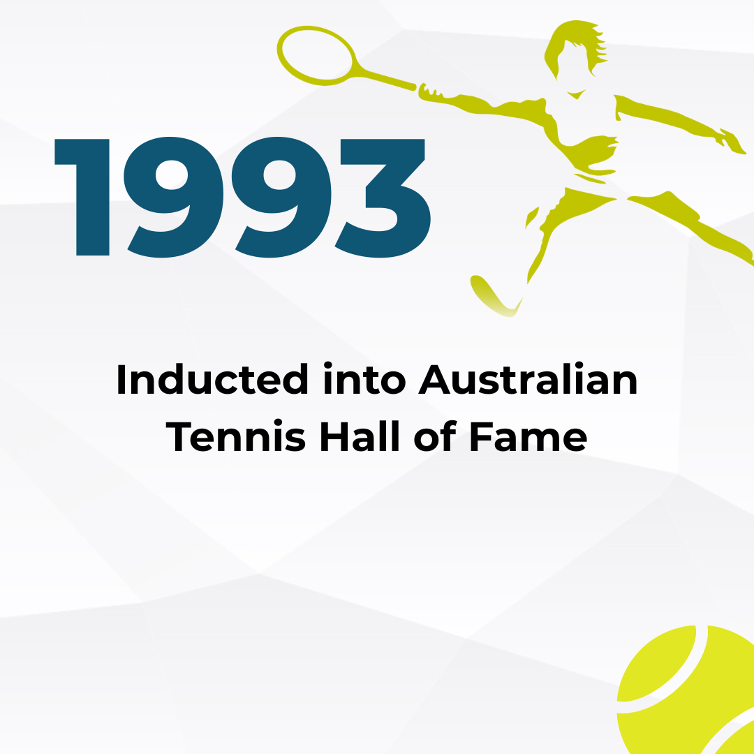 A graphic celebrating 1993 induction into the Australian Tennis Hall of Fame, featuring a stylized tennis player silhouette with racket and tennis balls.