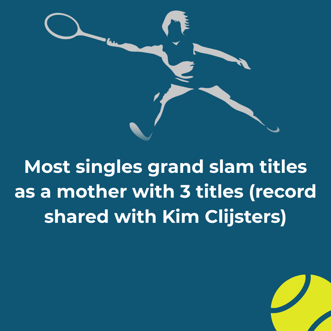 Stylized illustration of a female tennis player hitting a shot, with a tennis ball in the bottom right corner. Text overlay about grand slam titles.
