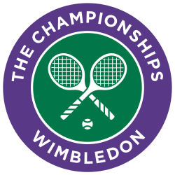 Wimbledon logo with two tennis rackets crossed in the center, encircled by purple and green borders with the text 'The Championships Wimbledon'.