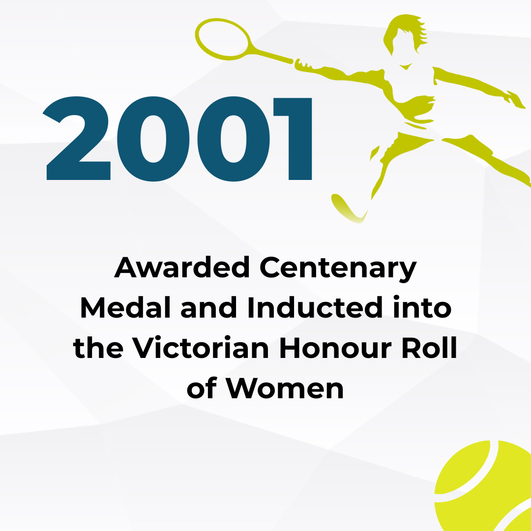 Illustration of a female tennis player holding a tennis racket and a tennis ball, celebrating the centenary of women's achievements in tennis in 2001.