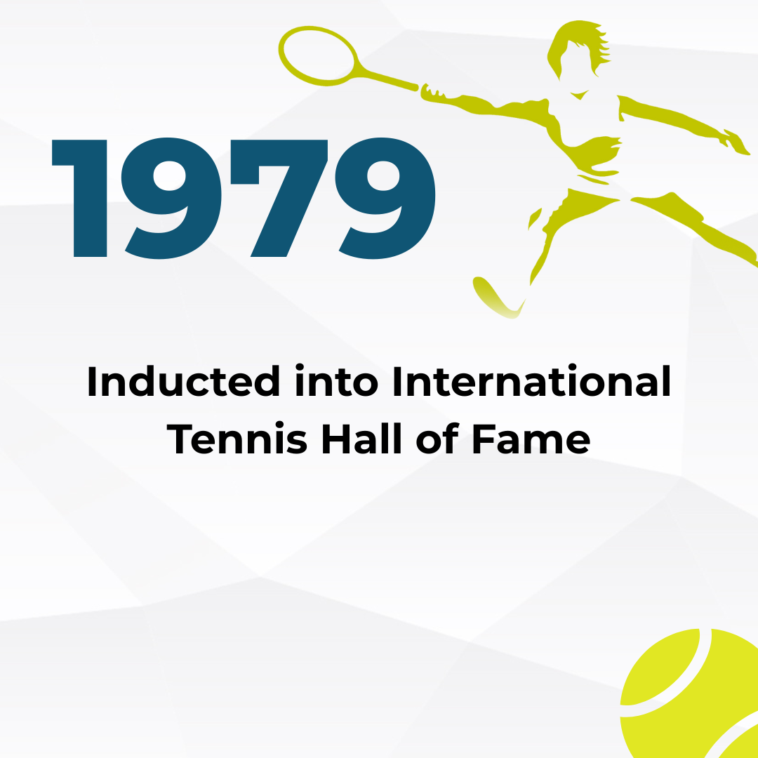 Graphic design celebrating 1979 induction into the International Tennis Hall of Fame, featuring a stylized tennis player silhouette and tennis ball.