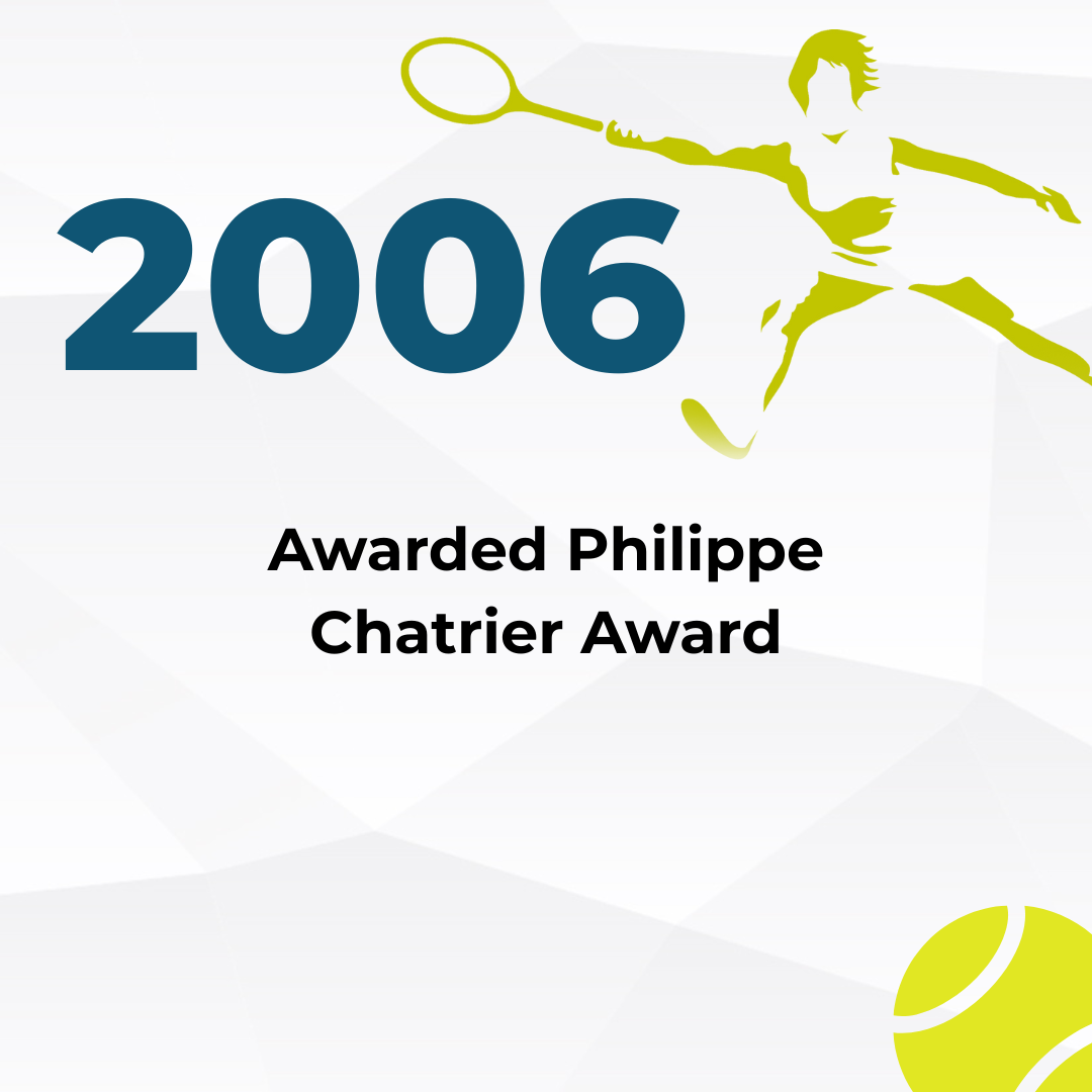 A graphic of a tennis player in green silhouette hitting a ball, with the year 2006 and the text 'Awarded Philippe Chatrier Award'.