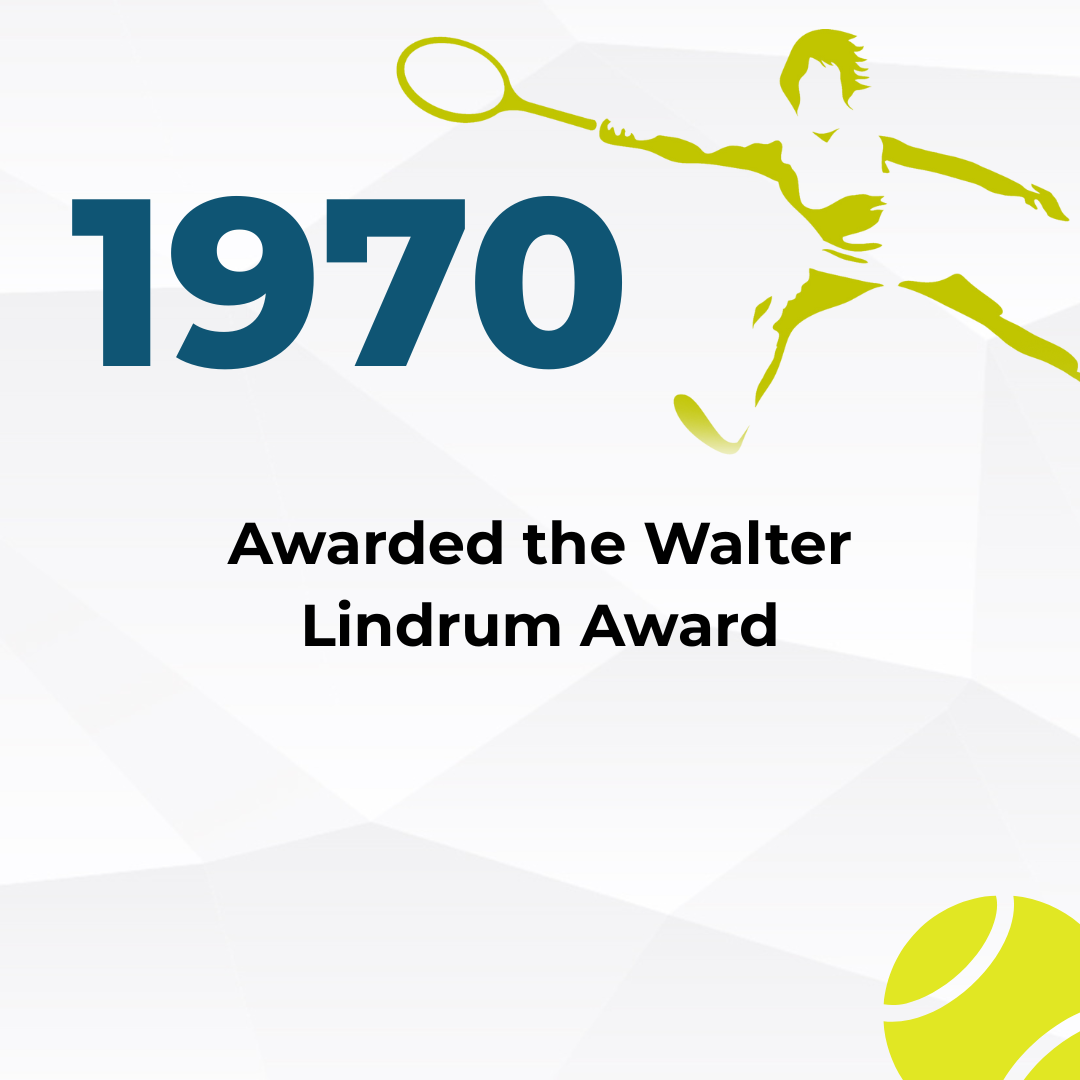 A graphic celebrating the 1970 Walter Lindrum Award with a stylized figure playing badminton and tennis balls in the background.