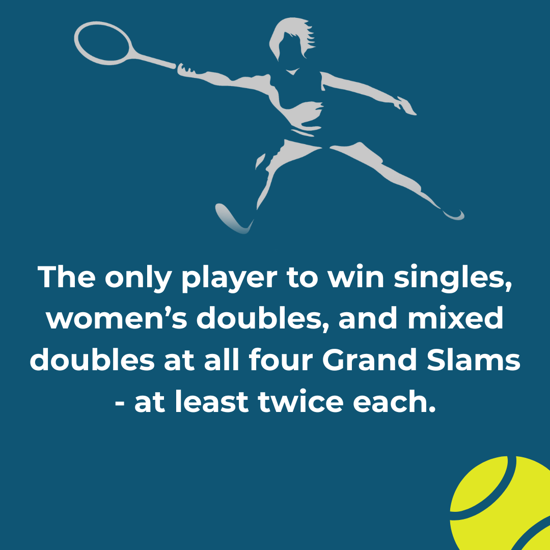 Illustration of a female tennis player in action, with a tennis ball in the lower right corner and a quote about winning different tennis titles.