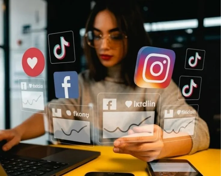 Young woman uses a smartphone surrounded by floating social media icons including Instagram, Facebook, TikTok, and cryptocurrency graphics.