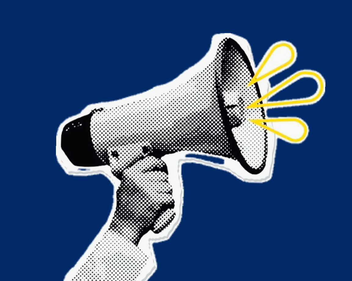 A stylized illustration of a hand holding a megaphone with yellow lines indicating sound projection, set against a dark blue background.