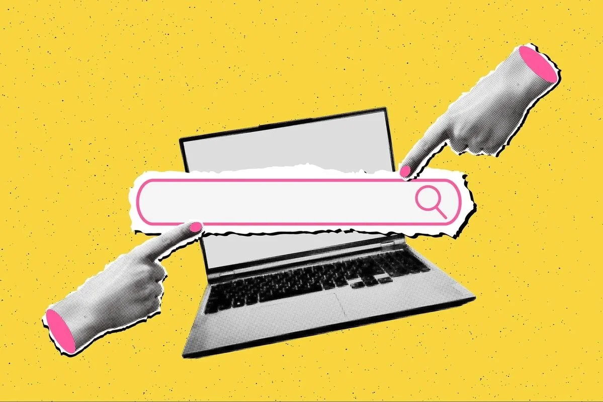 Illustration of a laptop with two hands pointing to a large search bar on the screen, set against a yellow dotted background.