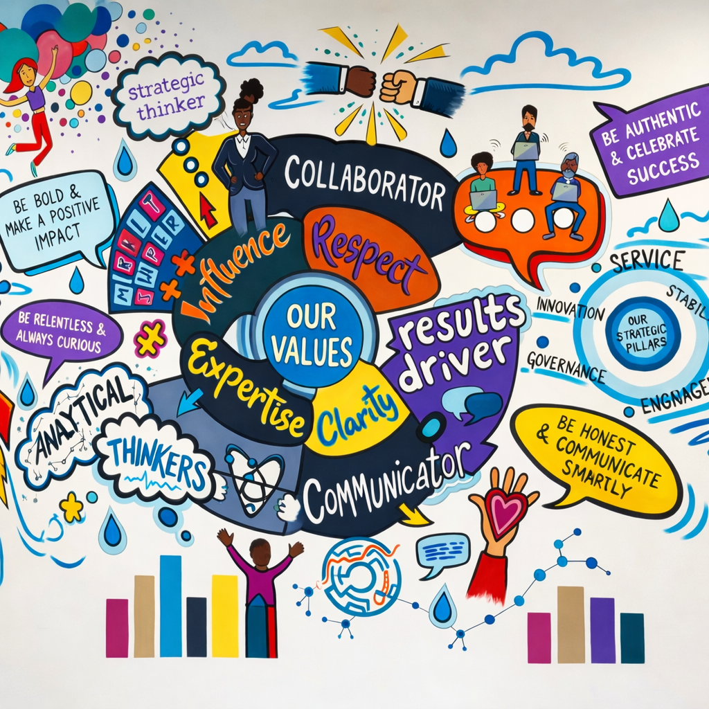 Colorful infographic emphasizing values of collaboration, influence, respect, expertise, clarity, and communication, with illustrations of diverse people, speech bubbles, and keywords related to teamwork and positive impact.