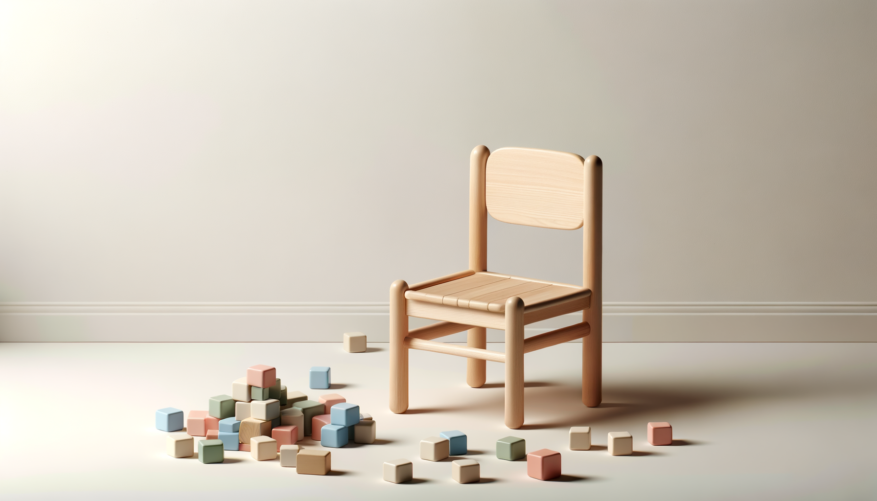 A small wooden chair surrounded by pastel-colored building blocks on a plain white floor against a plain light-colored wall.