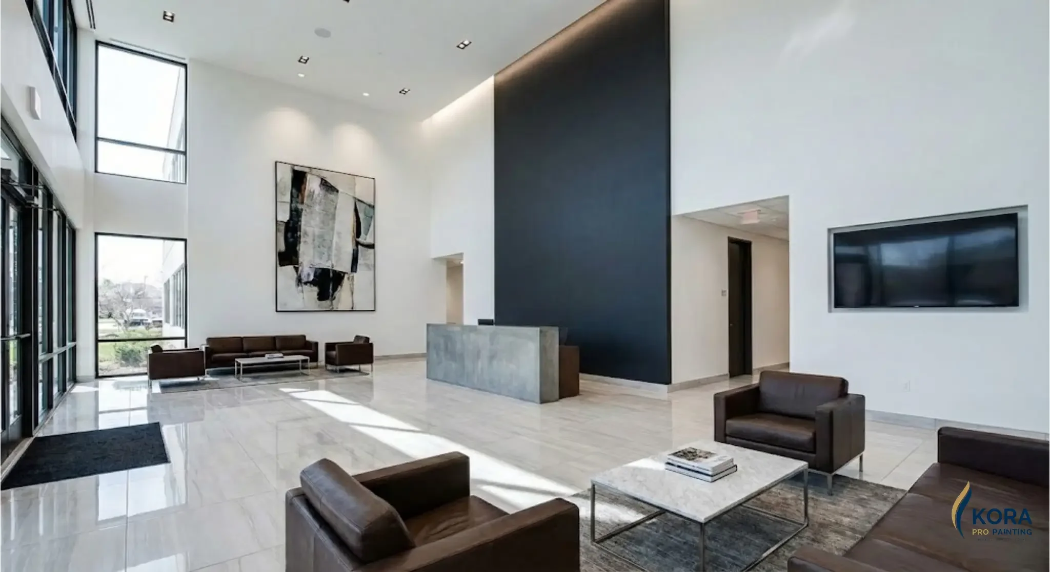 Modern corporate office lobby in Schaumburg near Woodfield, freshly painted and maintained by Kora Pro Painting commercial services.