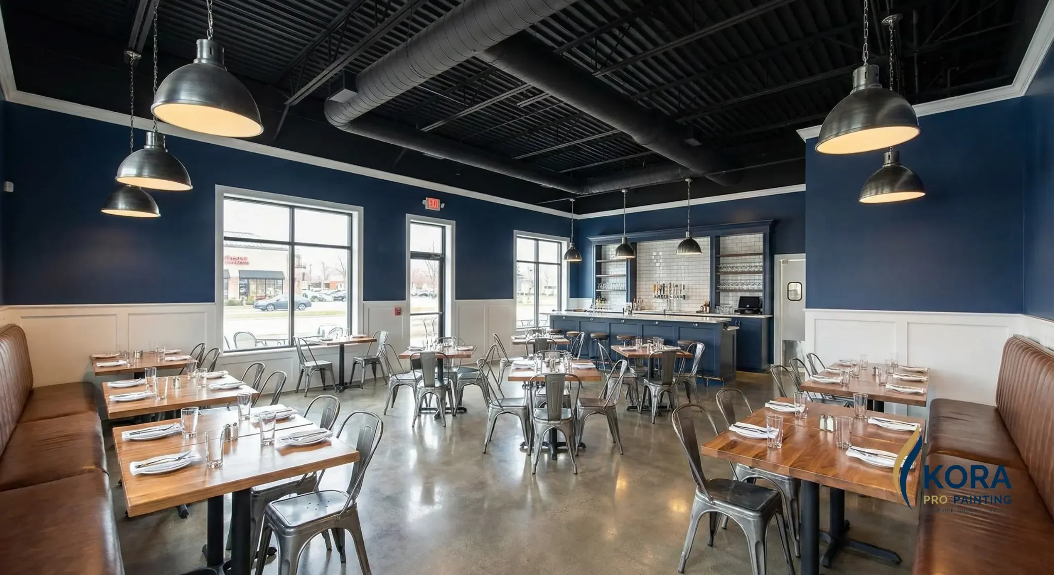 Kora Pro Painters commercial interior painting for Oswego IL restaurant with modern industrial blue walls