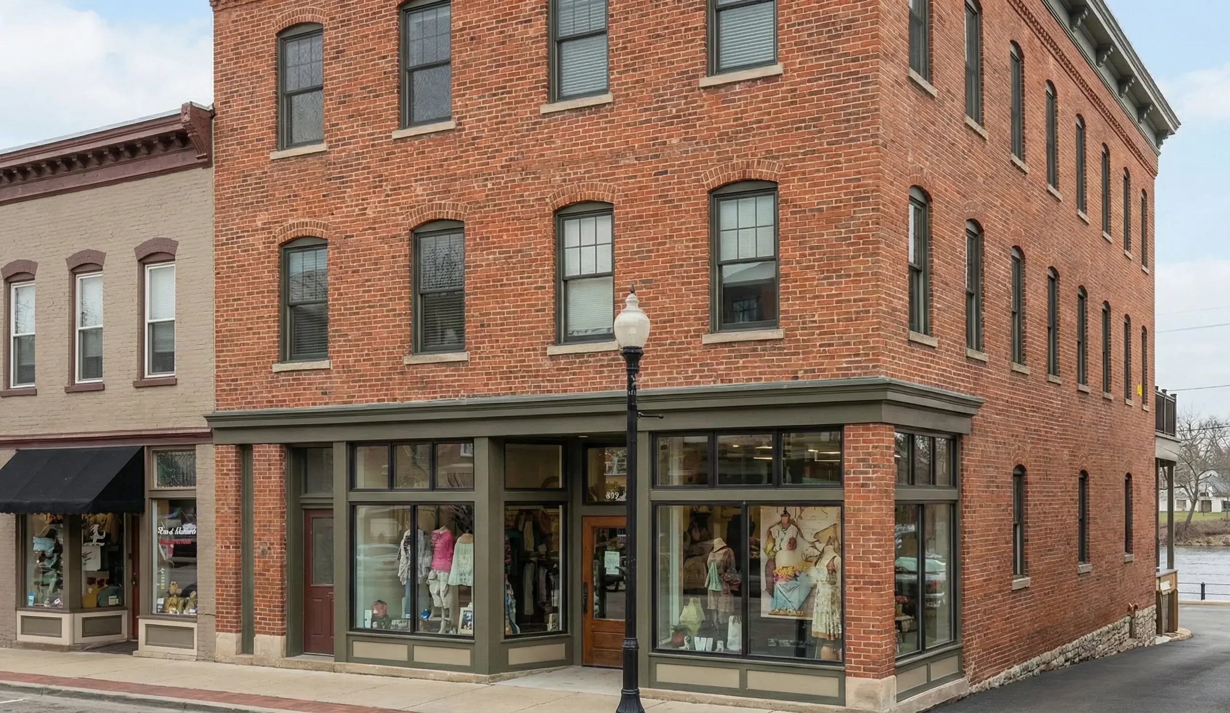 Exterior painting of a historic multi-story brick commercial building in downtown Batavia, IL, near the Fox River.