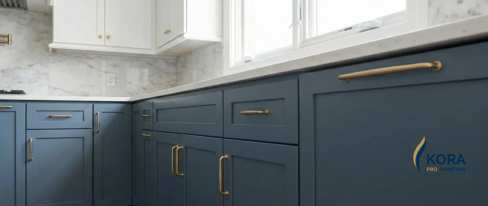 Refinished kitchen cabinets in Buffalo Grove with custom blue factory finish and gold hardware.