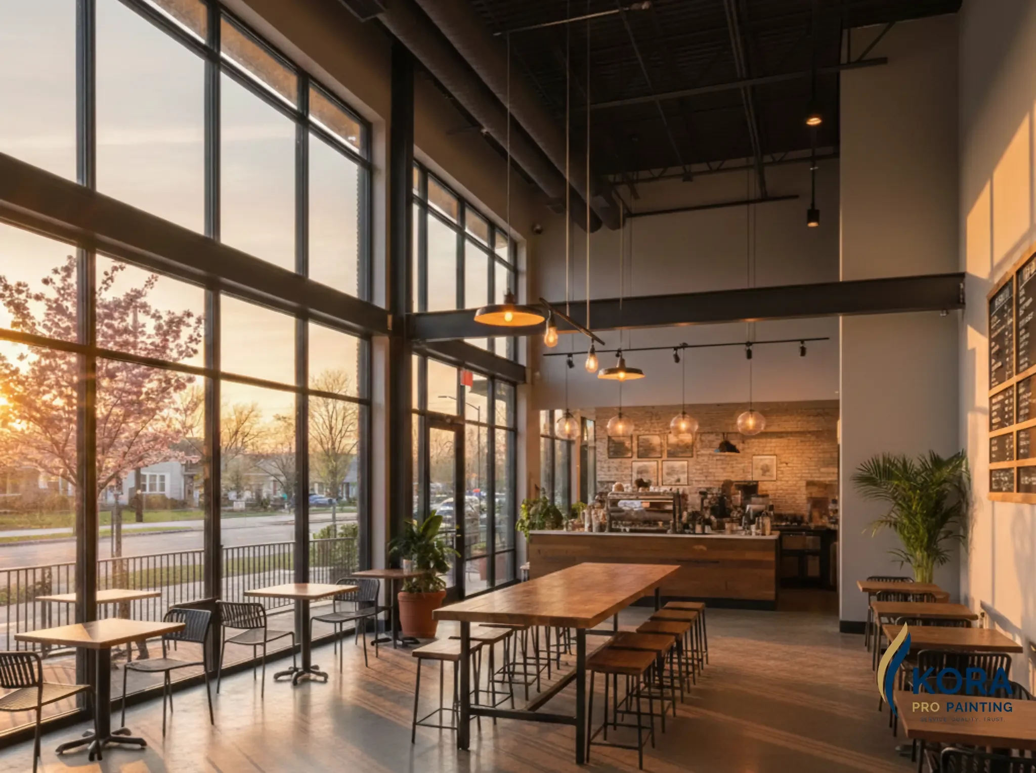 Commercial interior painting for a restaurant in Palatine, IL by Kora Pro Painting experts.