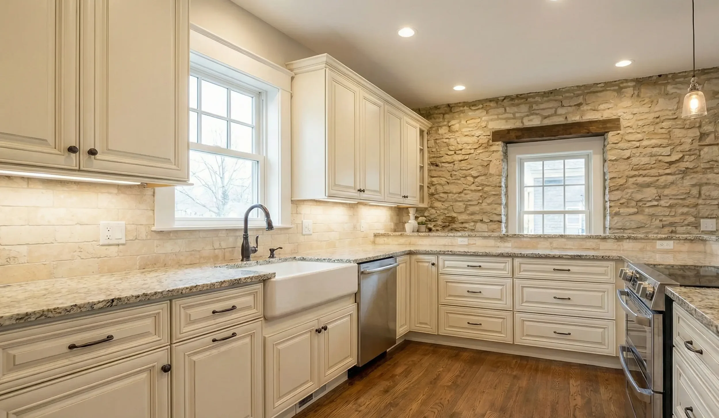 Newly refinished kitchen cabinets in a creamy white, set against an original exposed limestone wall in a historic Batavia home.