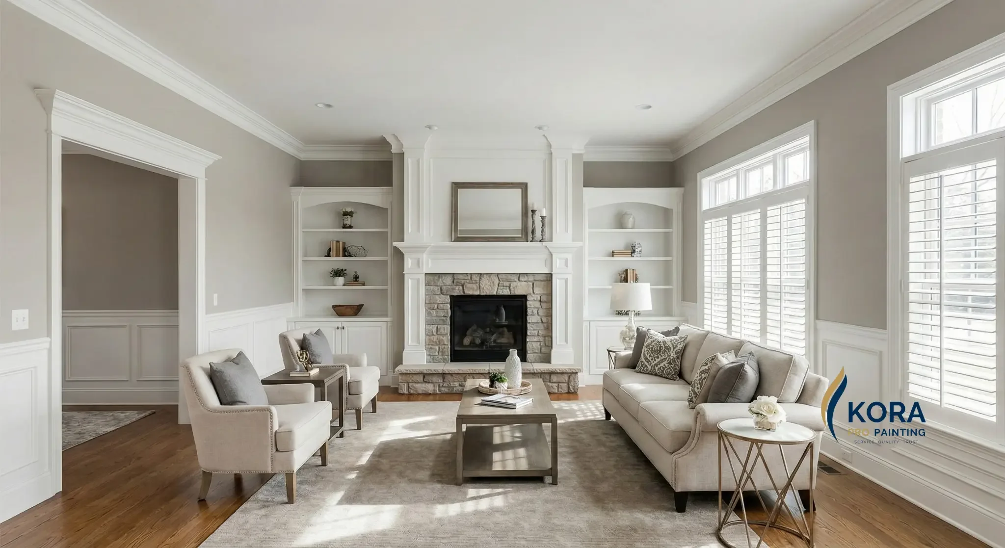 Kora Pro Painting custom painted built-in shelves and luxury residential interior in Naperville IL