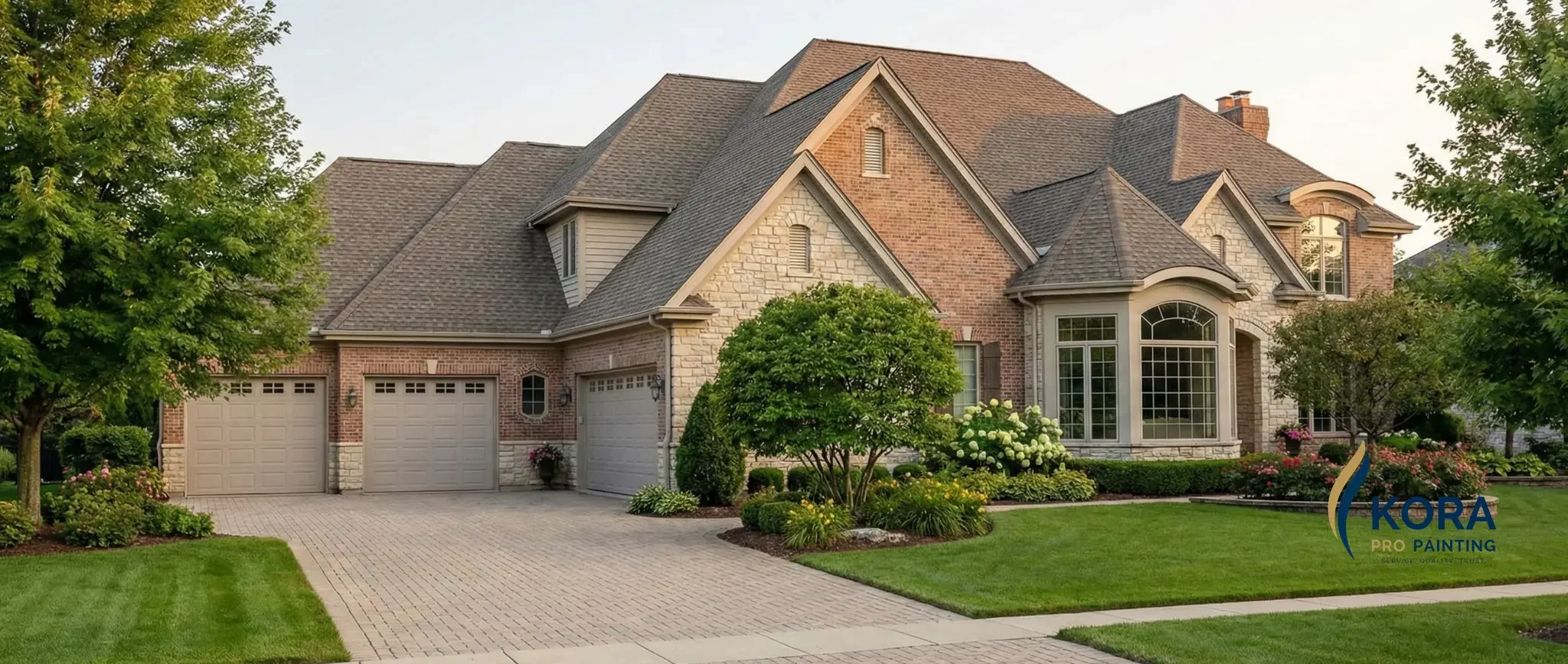 Large luxury home exterior painting in Buffalo Grove, IL with brick and stone facade.