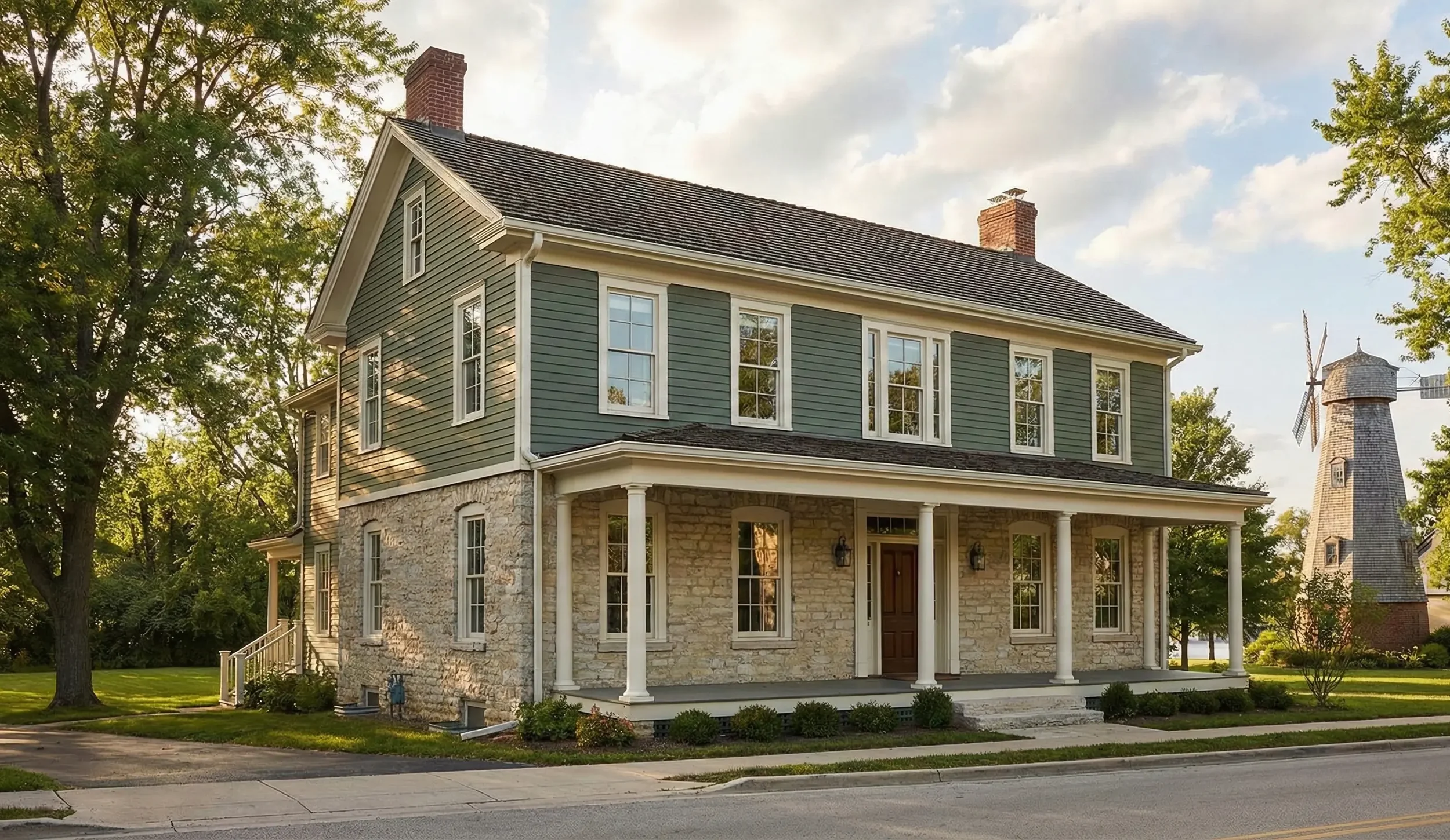 Exterior view of a restored historic home in Batavia, IL, featuring limestone and sage green timber siding with a windmill in the background.