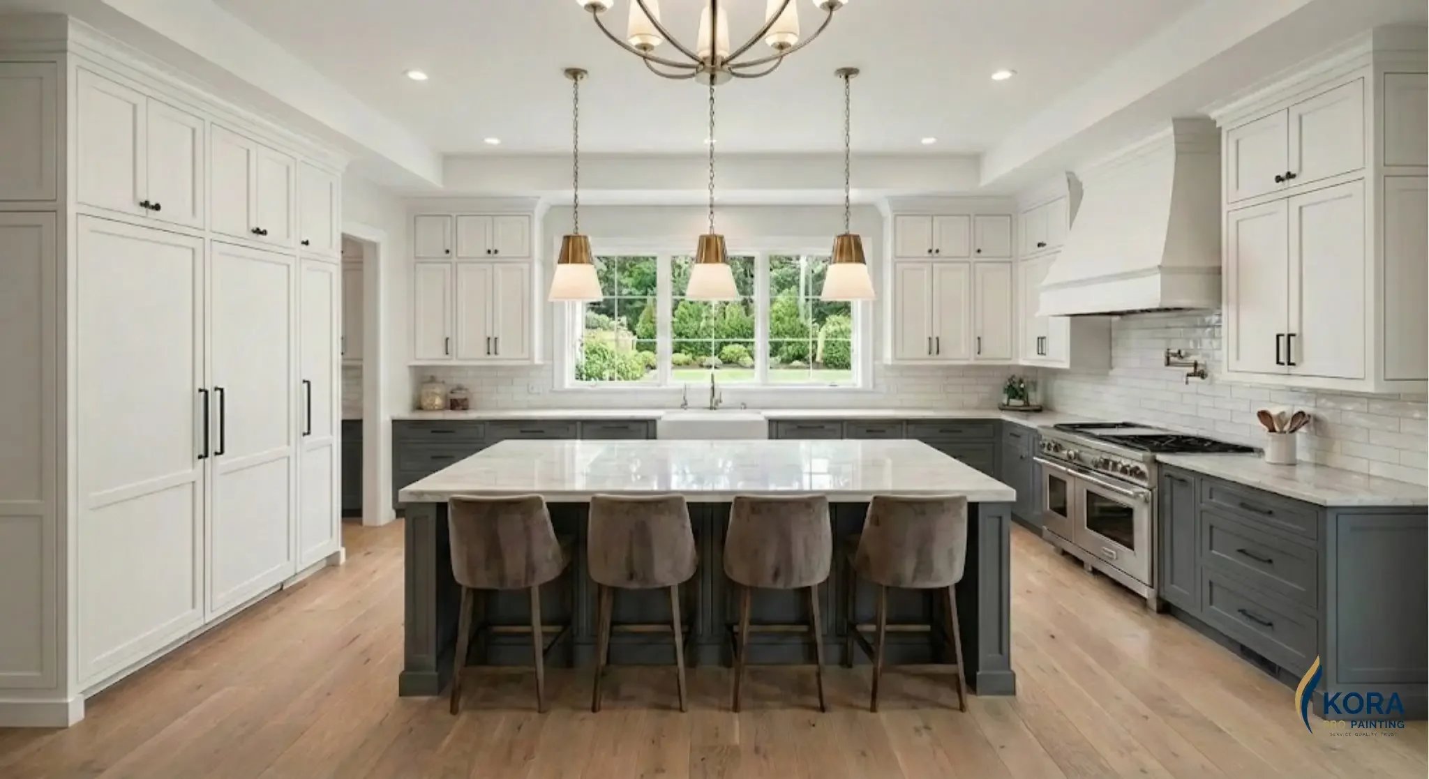 Premier Residential and Commercial painting services in Schaumburg, IL, featuring luxury kitchen cabinet refinishing by Kora Pro Painting.