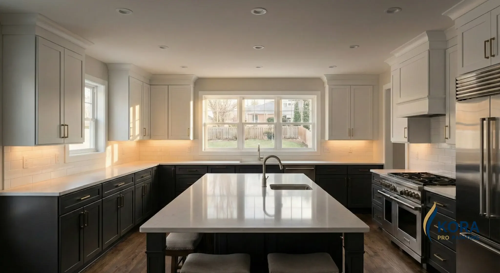 Two-tone kitchen transformation with white uppers and black lower cabinets in Palatine, IL by Kora Pro Painting.