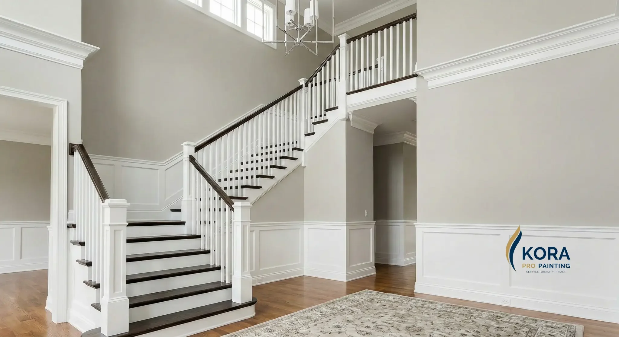 Kora Pro Painting experts painting high 2-story foyer, staircase, and stunning wainscoting in Naperville estate