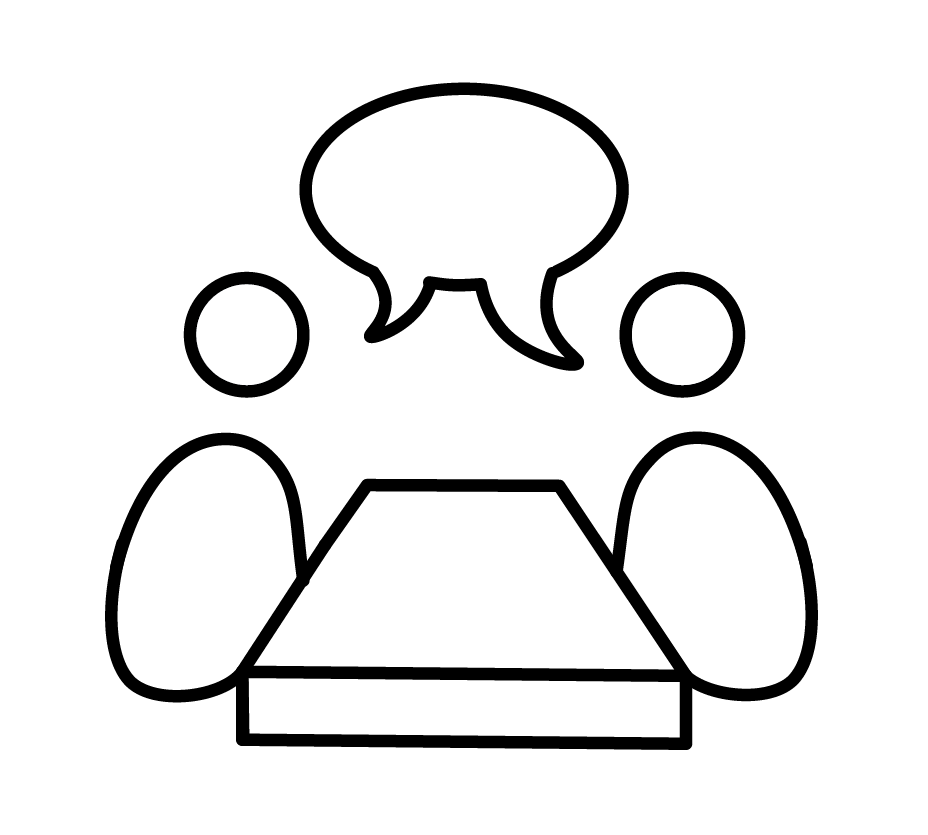 A black-and-white line drawing of a person's face with large eyes, glasses, and short hair.