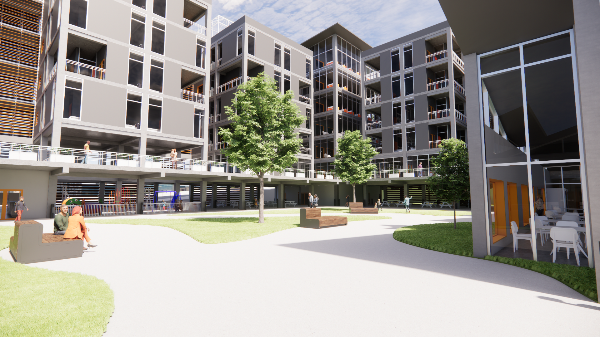 Residential courtyard design promoting community interaction, outdoor circulation, and shared green space within a housing development.