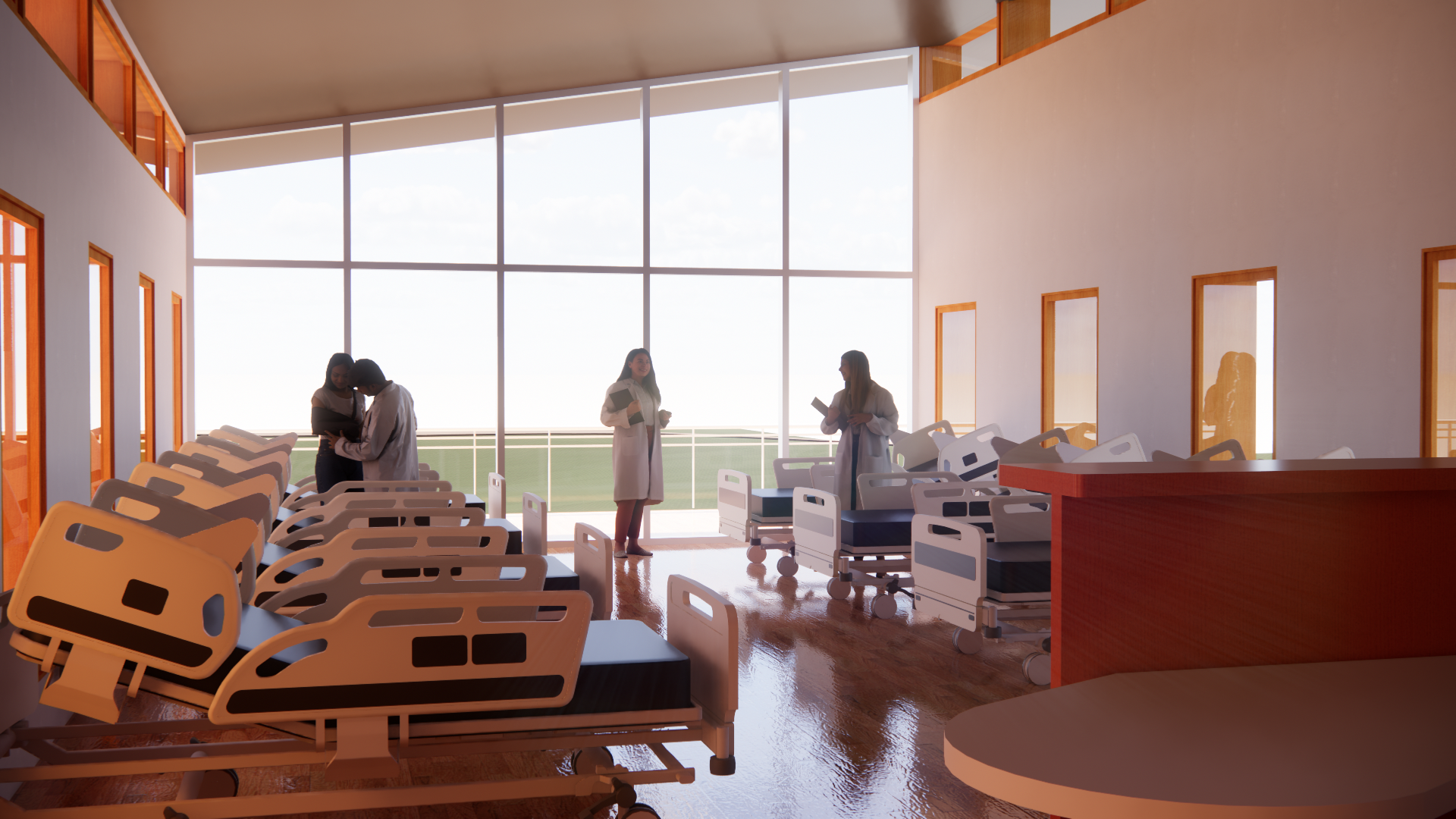 Interior rendering of a hospital patient room emphasizing daylight, visibility, and a calming healing environment.