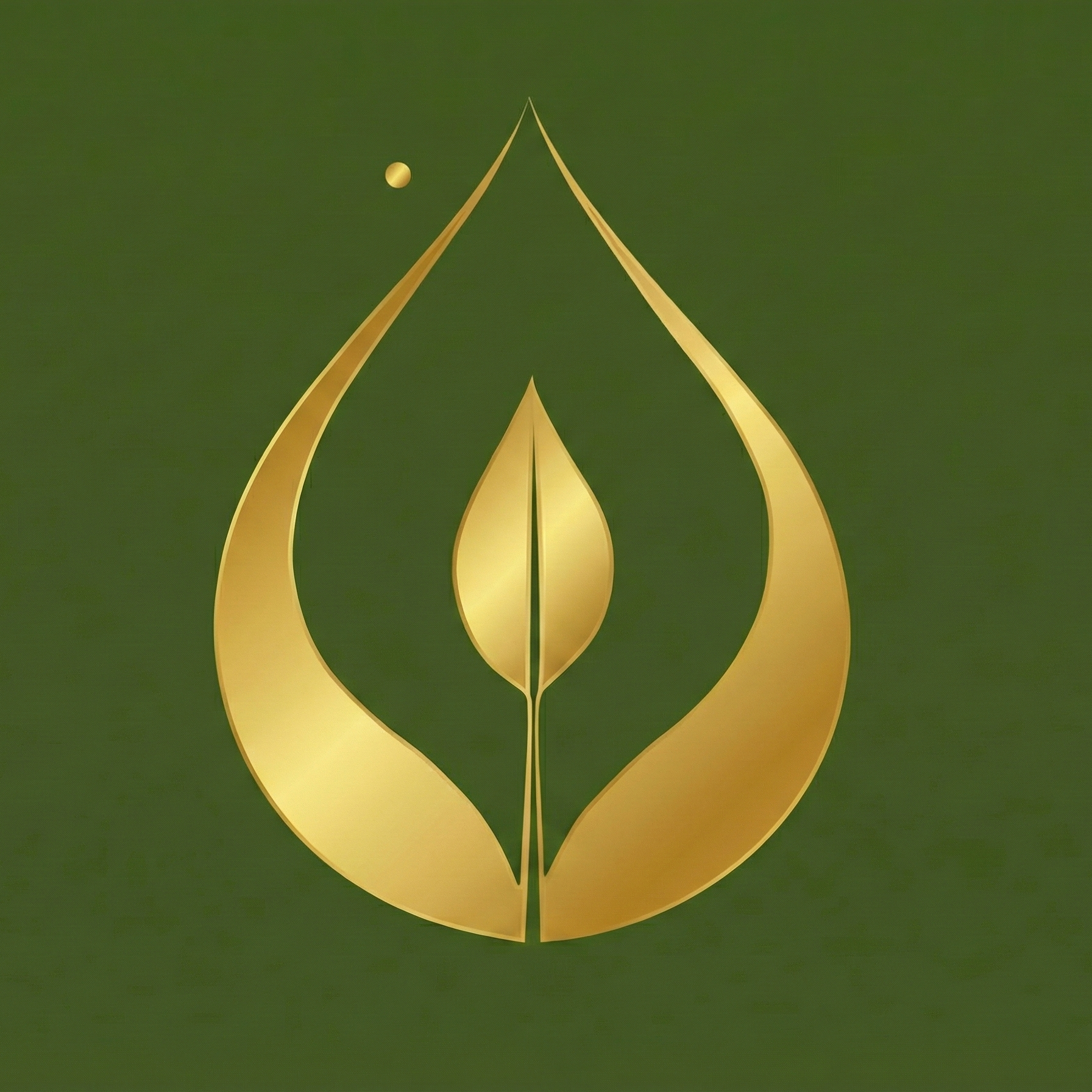 Golden abstract logo with leaf symbol on a green background.
