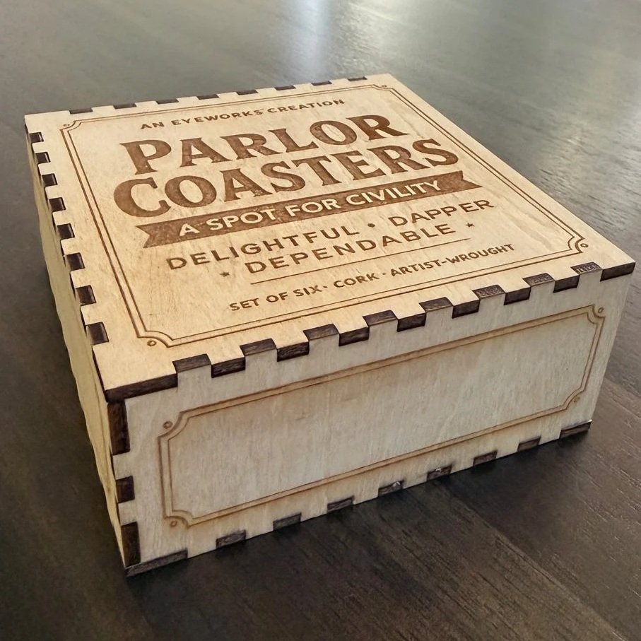 Wooden Parlor Coasters box with vintage engraved label design